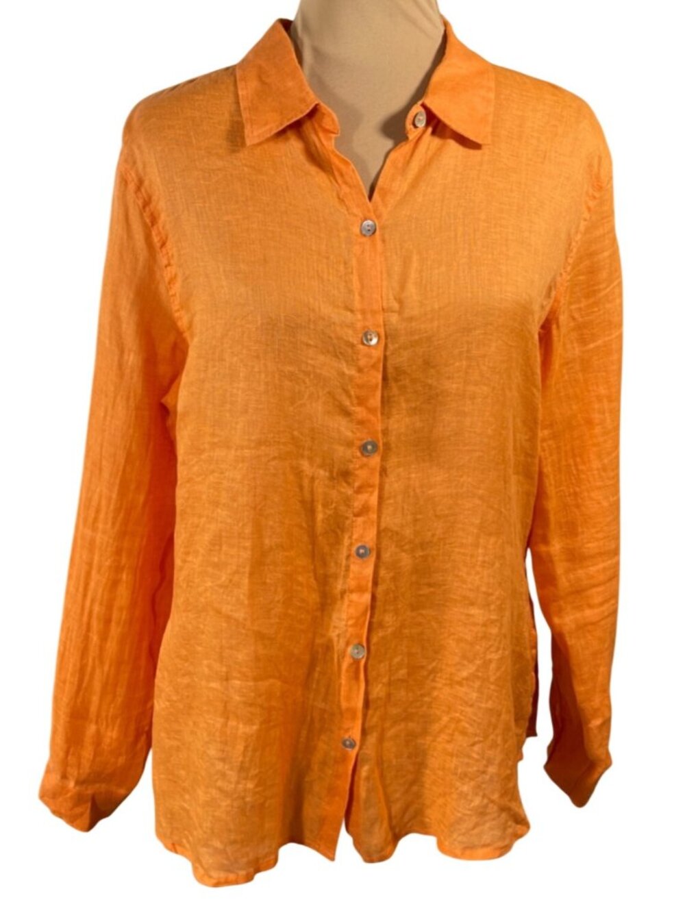 C & C California Shirt Linen Button Front Orange Size M Medium Long Sleeve
